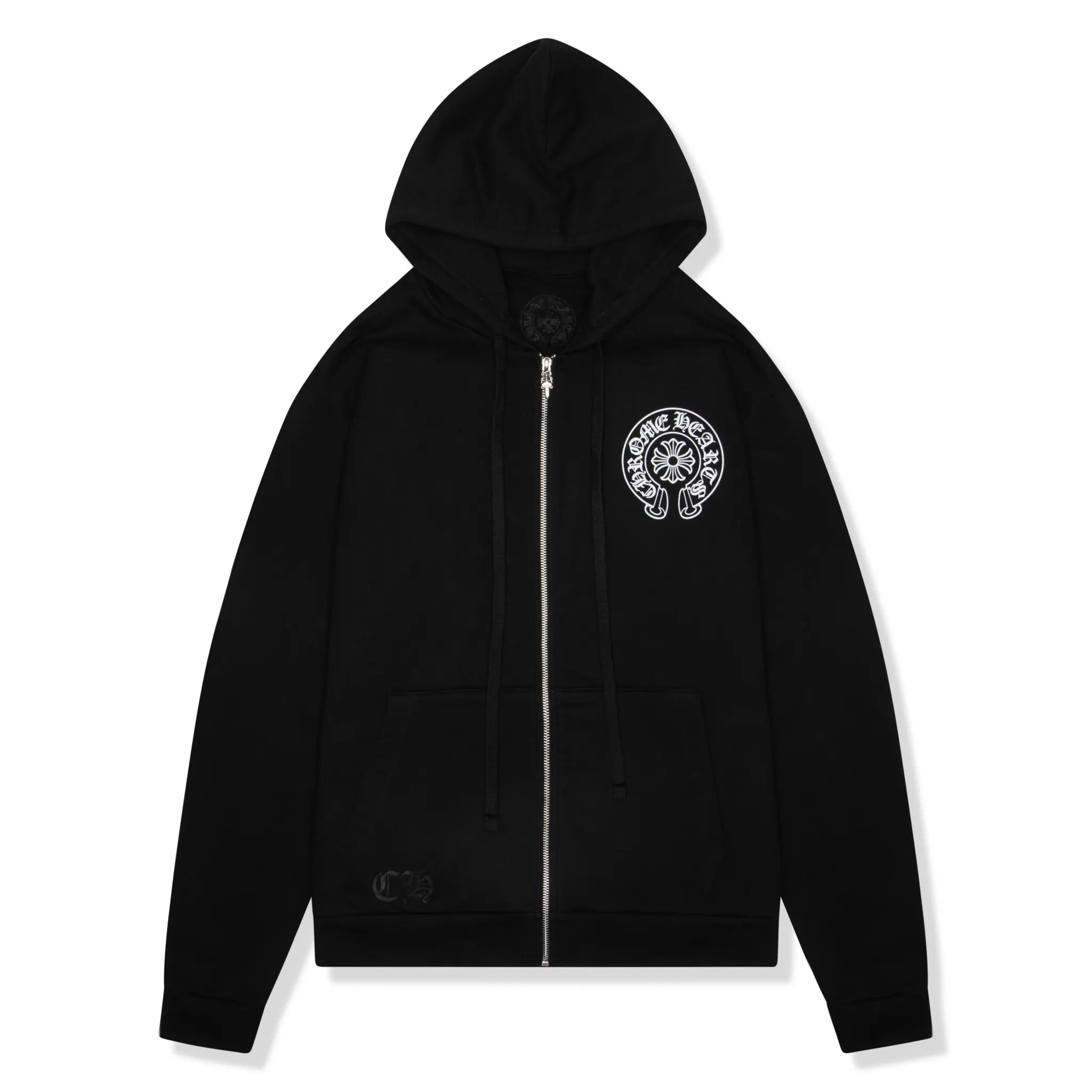 Front view of Chrome Hearts Manchester Exclusive Horse Shoe Zip-Up Black Hoodie